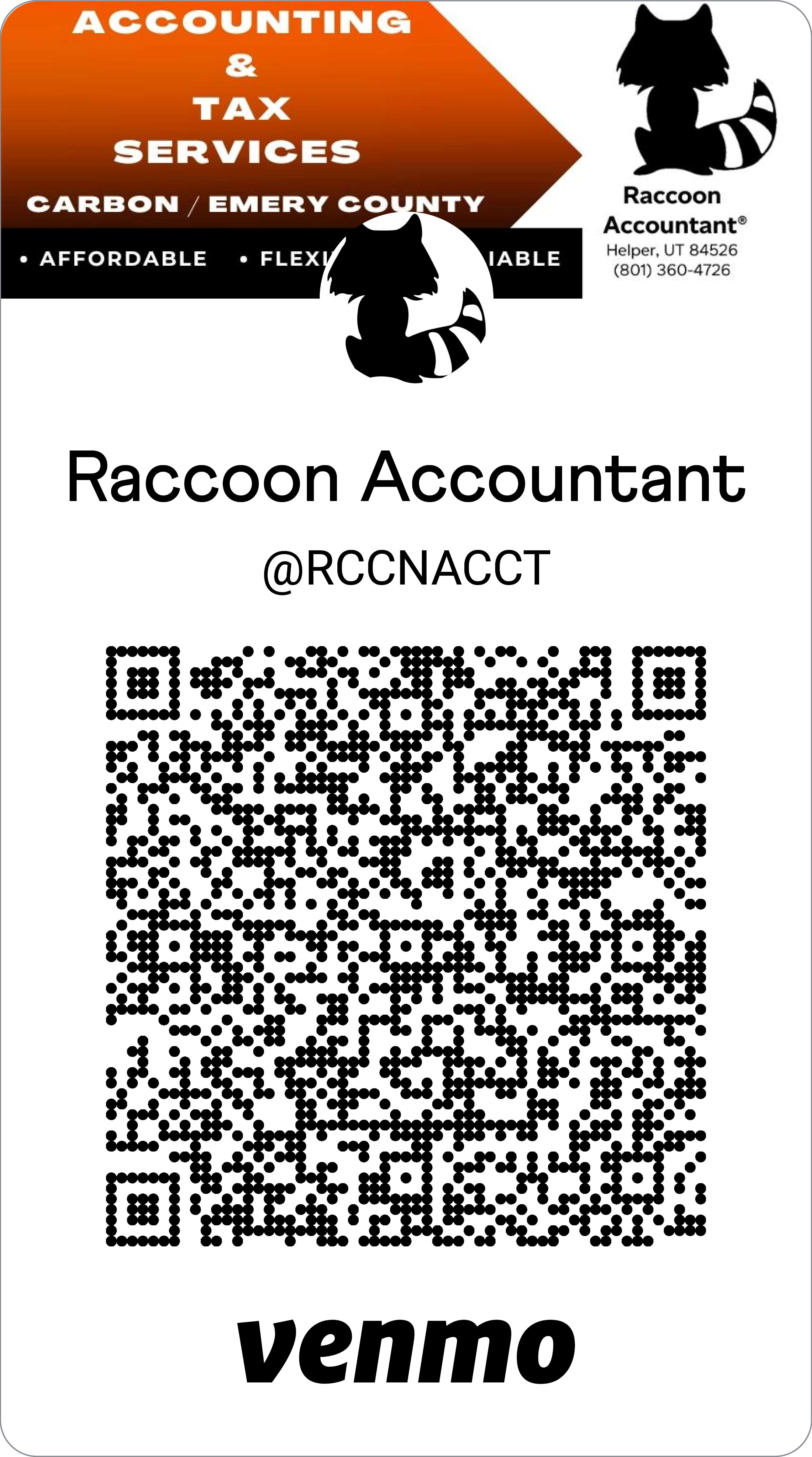Raccoon Accountant Venmo donation card with QR code. Recipient: @RCCNACCT.